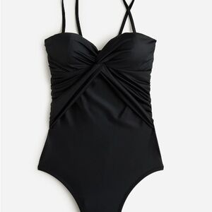 New J CREW Twist Front Bandeau 1 Piece Swimsuit Black Bathing Suit Sz 20
